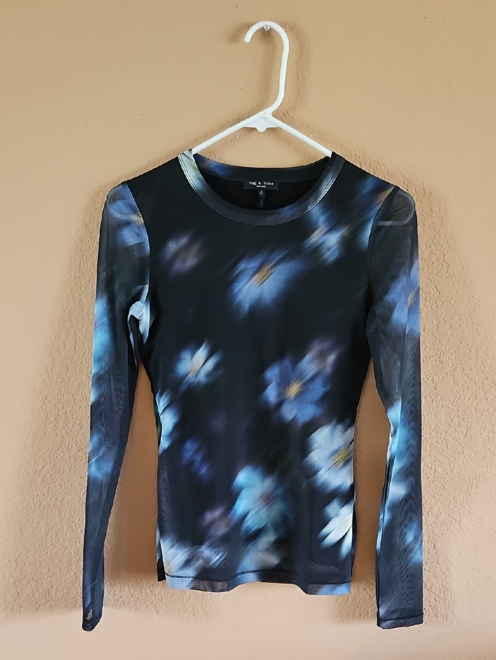 Rag & Bone Aliyah Black & Blue Floral Long-Sleeve Mesh Crew Size S